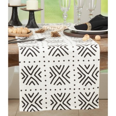White Cotton Table Runner with Mudcloth Design