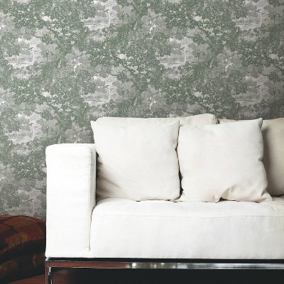 Green and Gray Jungle Toile Peel and Stick Wallpaper Roll