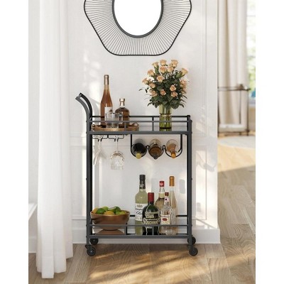 Black Steel Bar Cart with Mirrored Shelves and Wine Holders