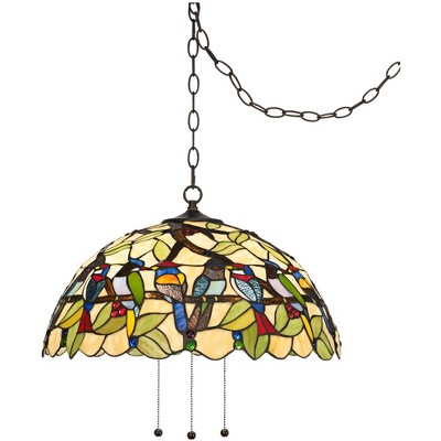 Robert Louis Tiffany Bronze Plug In Swag Pendant Chandelier 20" Wide Tiffany Style Tropical Birds Stained Glass for Kitchen Island