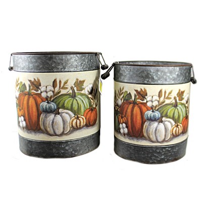 Fall 13.0" Pumpkins Bucket Set Galvanized Autumn  -  Decorative Container Sets