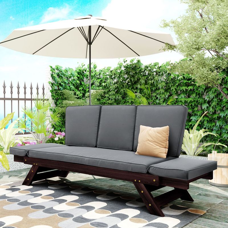 Outdoor Patio Adjustable Wooden Sofa Lounger With Cushion - ModernLuxe, 2 of 13