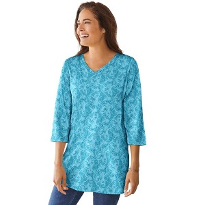 Woman Within Women's Plus Size Perfect Printed Three-Quarter-Sleeve V-Neck Tunic - 1 of 4