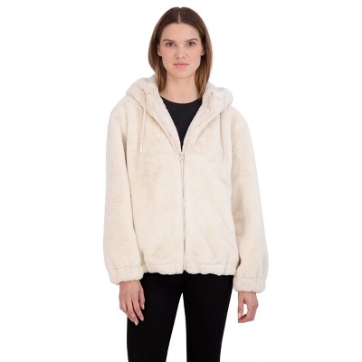 Women's Faux Fur Hooded Bomber Jacket - S.E.B. By Sebby Cream X-Large