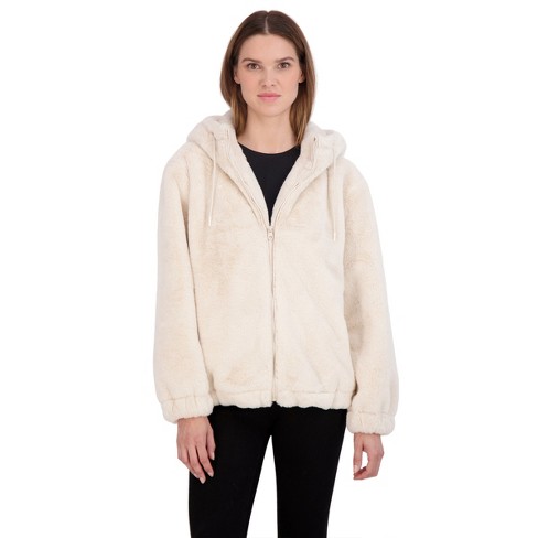 Women's Faux Fur Hooded Bomber Jacket - S.e.b. By Sebby Cream Medium ...