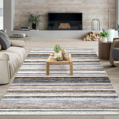 Non-Slip Striped Area Rug - Washable Low Pile Stain Resistant Foldable Mat for Living Room, Bedroom, Indoor Use