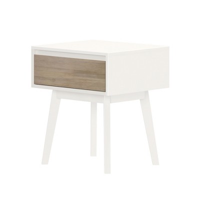 White and Blonde Pine Wood Scandinavian Nightstand with 1 Drawer