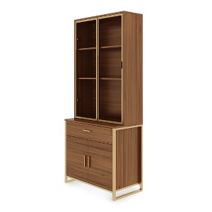 77'' Display Bookshelf with Glass Door and Storage Cabinets,Walnut & Brass,17.4"D x 32.99"Wx 77.17"H - 1 of 4
