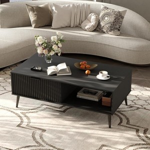 coucheta Coffee Table with Storage and Sliding Door, 2-Tier Large Rectangle Modern Cocktail Table with Solid Wood Legs, for Living Room, Office - 1 of 4