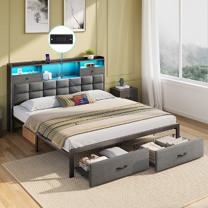 GREENSTELL King Bed Frame with Upholstered Storage Headboard & Drawers and Charging Station & LED Lights Grey - 1 of 4