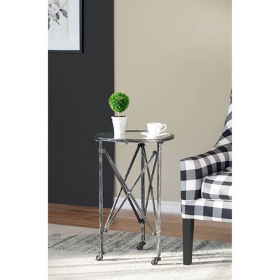 Antique Silver Round Metal and Glass Side Table
