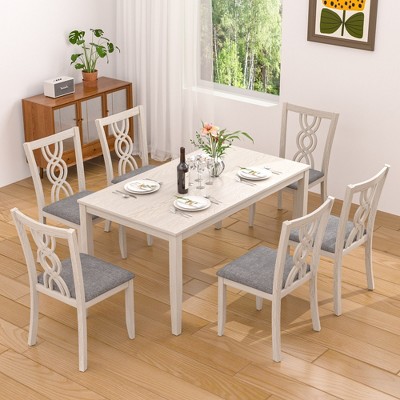 VECELO Rustic Wooden Dining Chairs, Rubber Wood Kitchen Chairs with Padded Seat & Elegant Hollowed Backrest, Gray