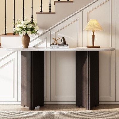 Narrow Console Table, Entryway Table with Oval Faux Marble Top, Rustic Sofa Table with Curved Legs