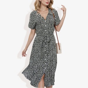 Anna-Kaci Women's Collar V-Neck Button Down Floral Print High Low Dolman Short Sleeve Midi Fashion Dress - 1 of 4