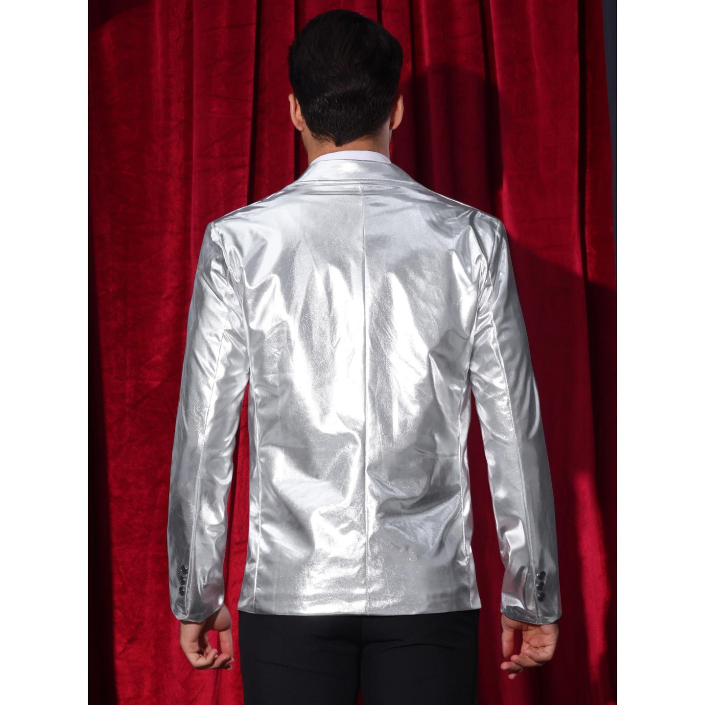 Мужской пиджак Lars Amadeus Peak Lapel Double-Breasted Party Disco Sparkly Metallic Blazer Silver, цвет: Серебряный — фото 3
