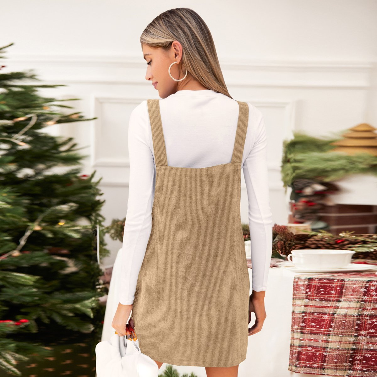 Женские платья Cupshe Women's Corduroy Square Neck Overall Dress-L-Beige — фото 3