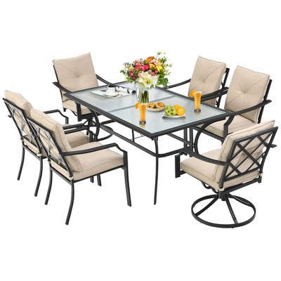Costway 7pcs Patio Dining Set 2 Swivel, 7pcs Patio Rattan Cushioned Dining Set With Umbrella Hole Cover