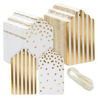 Juvale 120 Pack Gold Foil Paper Gift Tags for Christmas Presents, Weddings, Party Favors, Stripes and Polka Dots Design (1.8 x 3.2 In)