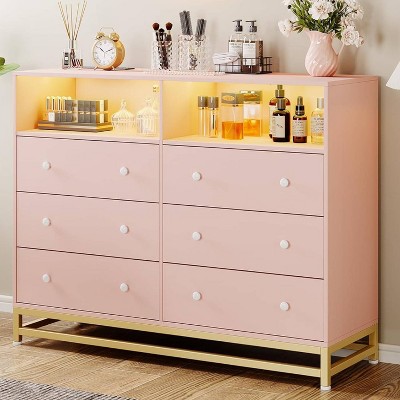 Zstar 47.2 In 6 Drawer Dresser for Bedroom with LED Lights & Charging Station