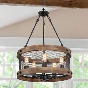 LNC Martin 5-Lights 19" Farmhouse Drum Small Chandelier, Matte Black and Distressed Brown Wood - 1 of 4