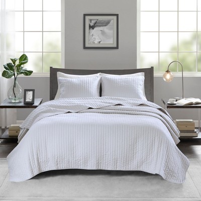 3 Pcs Stripe Stitch Reversible Quilt Set, Hotel Collection Style Solid Color Bed Blanket, Cooling Touch Cotton Filling Bedding with Matching Shams