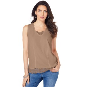 Roaman's Women's Plus Size Lace Trim Satin Tank - 1 of 4