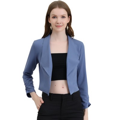 INSPIRE CHIC Women's Regular Fit Notched Lapel Ruched Sleeve Business Crop Blazer