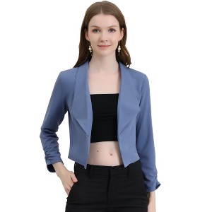 INSPIRE CHIC Women's Regular Fit Notched Lapel Ruched Sleeve Business Crop Blazer - 1 of 4