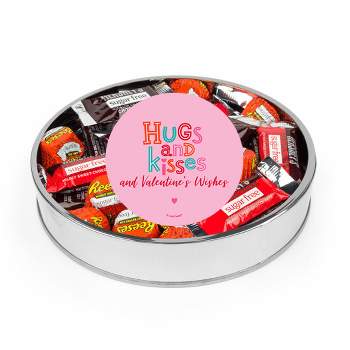 Valentine's Day Sugar Free Chocolate Gift Tin Large Plastic Tin with Sticker and Hershey's Candy & Reese's Mix - Hugs & Kisses - By Just Candy