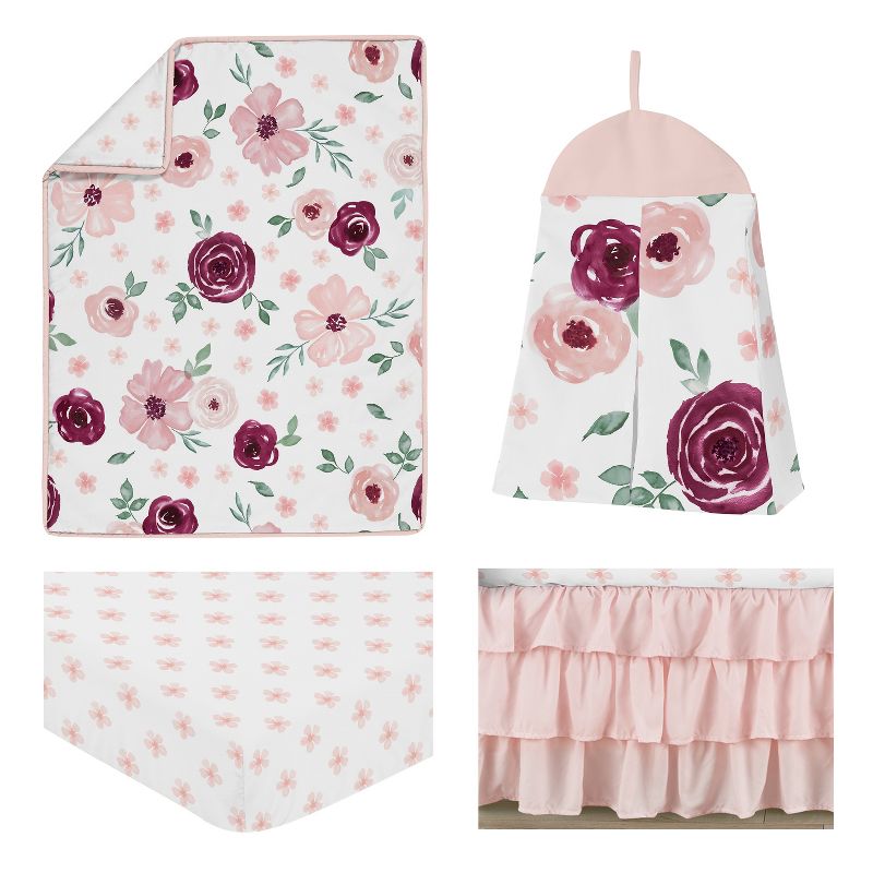 Sweet Jojo Designs Girl Baby Crib Bedding Set - Watercolor Floral Collection Burgundy and Pink 4pc, 3 of 8