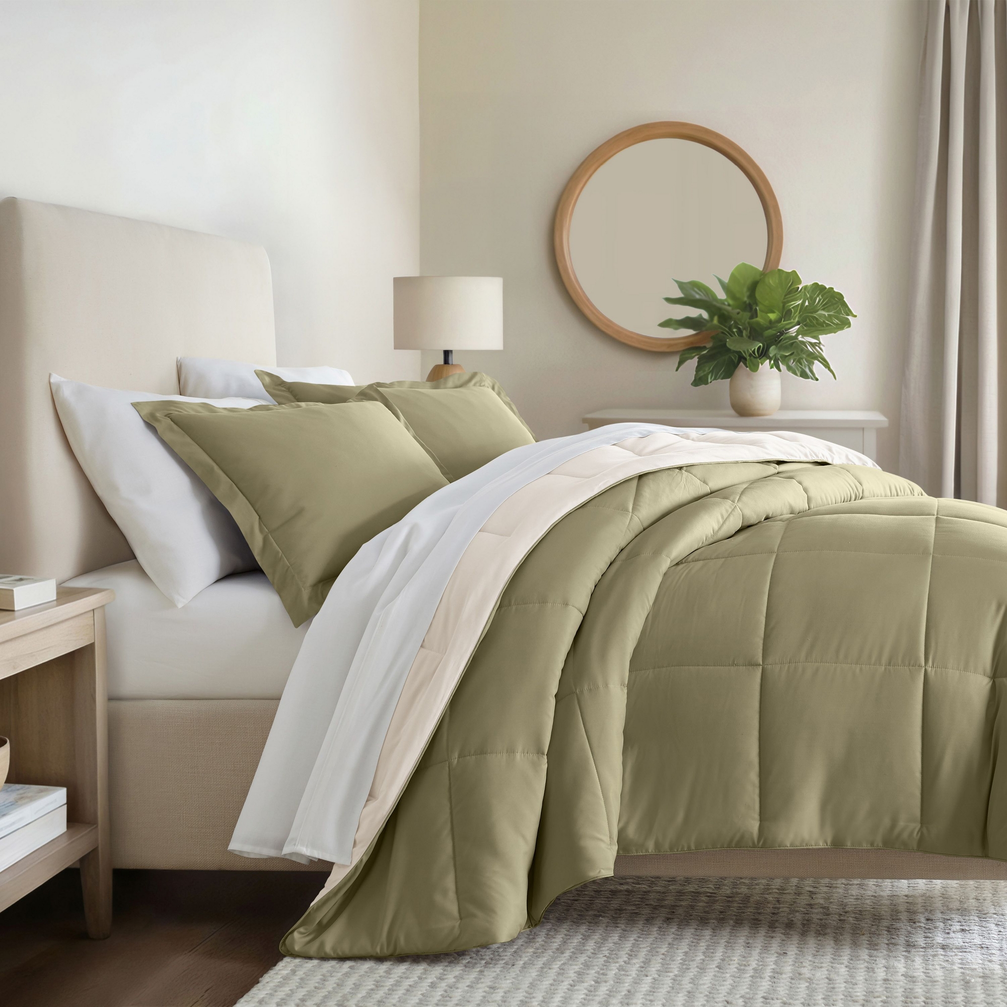 Reversible Comforter and Shams Set, Ultra Soft - Becky Cameron, Sage / Ivory, Full/Queen