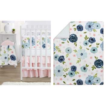 Sweet Jojo Designs Girl Crib Bedding + BreathableBaby Breathable Mesh Liner Watercolor Floral Blue Pink White