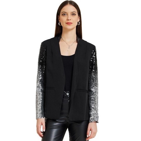 Allegra K Women's Shiny Sequin Long Sleeves Sparkle Casual Blazer Jacket Black Large