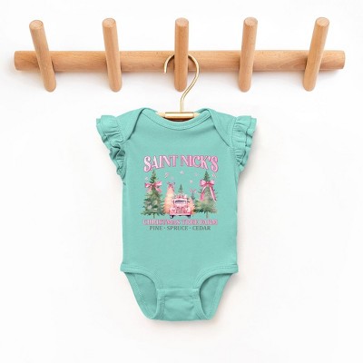 The Juniper Shop Coquette St. Nick's Tree Farm Baby Flutter Sleeve Bodysuit - 12 Month - Seafoam