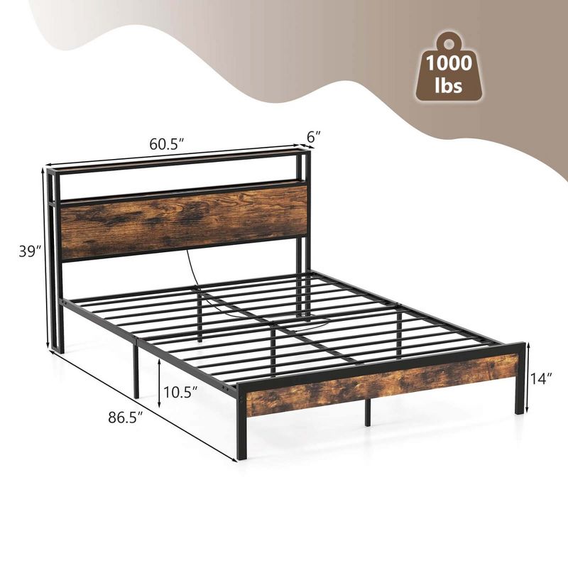 Costway Twin/Full/Queen Bed Frame with Storage Headboard Charging Station 18W USB C Port Rustic Brown, 4 of 11