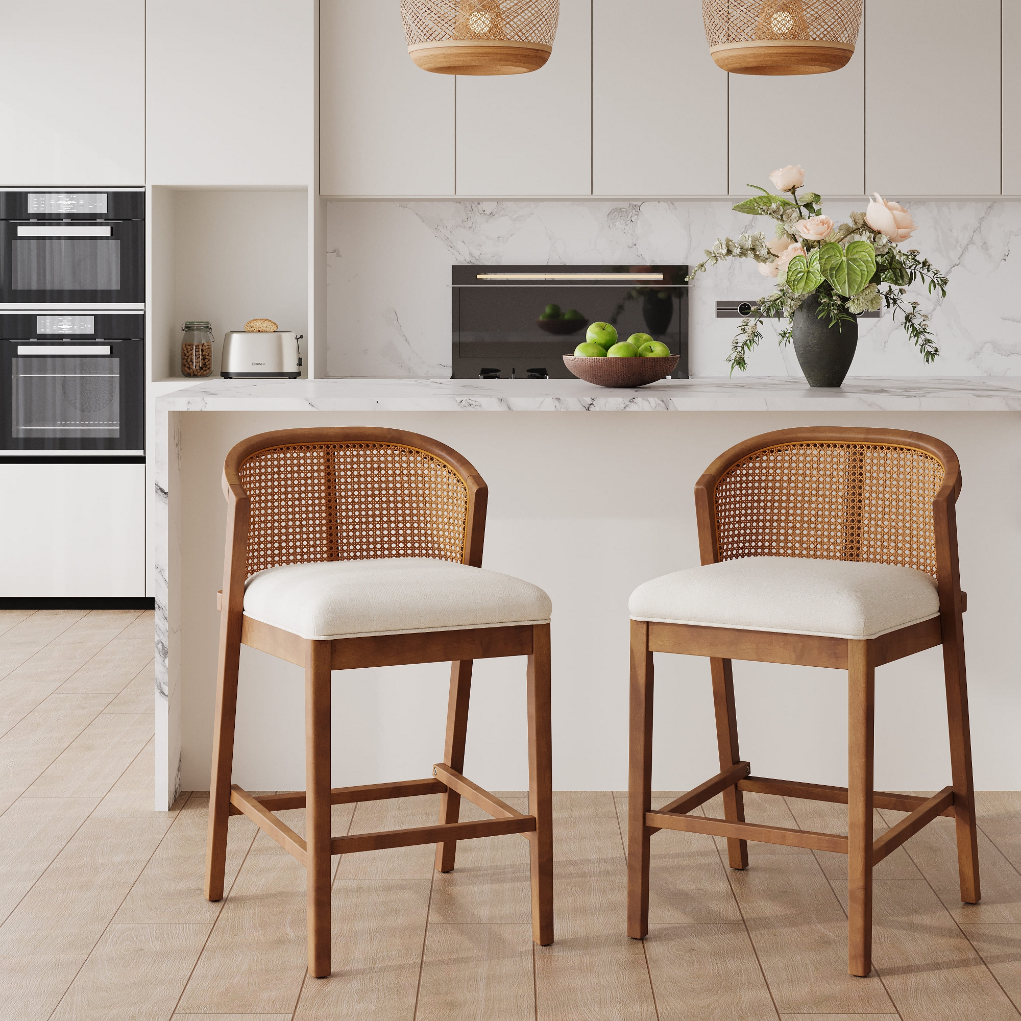 Christopher Knight Home Mansoor Rattan and Rubberwood Upholstered Counter Stools (Set of 2), Beige/Walnut