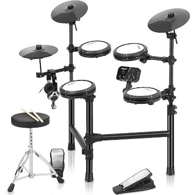 Electric Drum Set with 4 Quiet Mesh Pads, 2 Pedals, Drum Throne, Drumsticks, Headphones, 30 Songs ¨C Beginner-Friendly Electronic Drum Kit