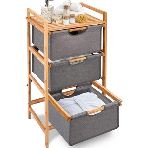 SereneLife 3-Tier Bamboo Shelf with Storage Hamper - SLHMPSHF33, Wooden Laundry Organizer with Sliding Bags - 1 of 4