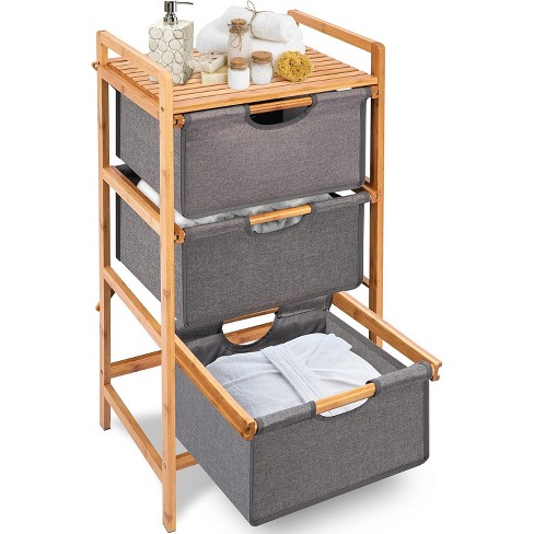 SereneLife 3-Tier Bamboo Shelf with Storage Hamper - SLHMPSHF33, Wooden Laundry Organizer with Sliding Bags - image 1 of 4