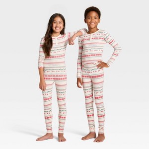 Kids' "Let it Snow" Fair Isle Cozy Knit Long Sleeve Shirt and Pants Holiday Matching Family Pajama Set - Wondershop™ Cream - 1 of 4