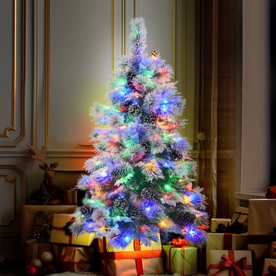 SeaCamel 4FT Snow Flocked Spruce Tree - Pre-Lit 120 Multi-Color LEDs (11 Modes), 170 PE/PVC Tips + Pine Cones, Xmas Decor