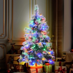 SeaCamel 4FT Snow Flocked Spruce Tree - Pre-Lit 120 Multi-Color LEDs (11 Modes), 170 PE/PVC Tips + Pine Cones, Xmas Decor - 1 of 4