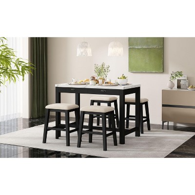 NicBex Dining Table Set for 4 Modern Faux Marble Versatile Bar Table Set with Storage Drawers and Padded Stools for Dining Room
