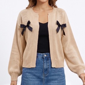 トップス Lacey ribbon cardigan beige AM1151 Anna-Kaci Women's Bow Detail Open Front Knit Cardigan Sweater