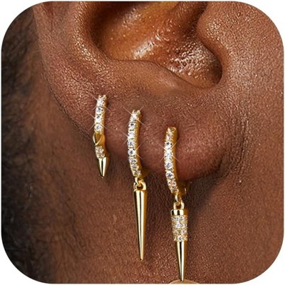 3Pairs 925 Sterling Silver, 14K Gold Plated Small Huggie Hoop Earrings Sets for Multiple Piercing CZ Cartilage Earrings Stacks