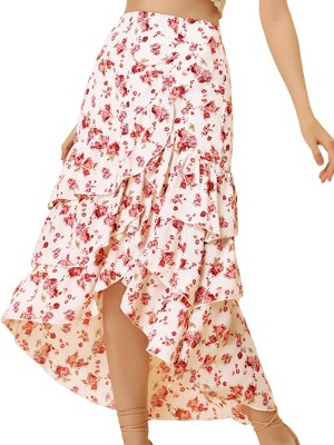 Allegra K Women's Floral Elastic Waist Flowy High Low Hem Layered Ruffle Skirt