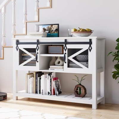Whizmax Farmhouse Entryway Table with Sliding Barn Doors, Sofa Table with Storage and Open Shelf, Console Tables for Entryway, Hallway