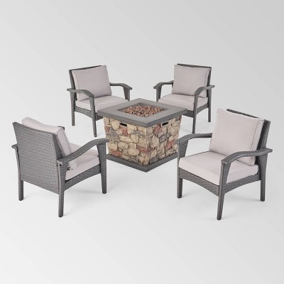 Kanihan 5pc Wicker Club Chair Chat Set with Fire Pit - Gray/Light Gray/Stone - Christopher Knight Home