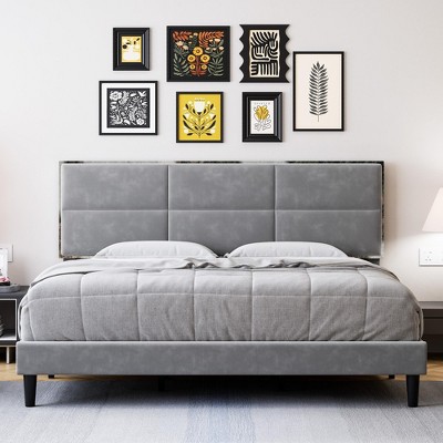 King Size Platform Bed Frame, Upholstered Bed Frame with Velvet Headboard, Wooden Slats Support, No Box Spring Required, Easy Assembly, Gray
