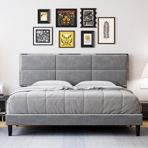 King Size Platform Bed Frame, Upholstered Bed Frame with Velvet Headboard, Wooden Slats Support, No Box Spring Required, Easy Assembly, Gray - 1 of 4
